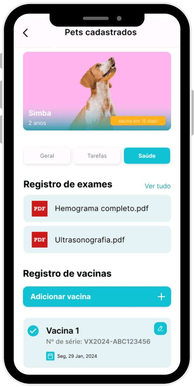 Tela indicando seção de vacinas e medicamentos