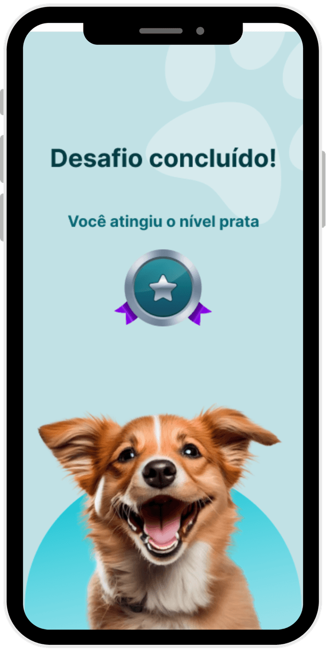 Tela com cachorro de pelagem dourada e simbolo indicando prêmio