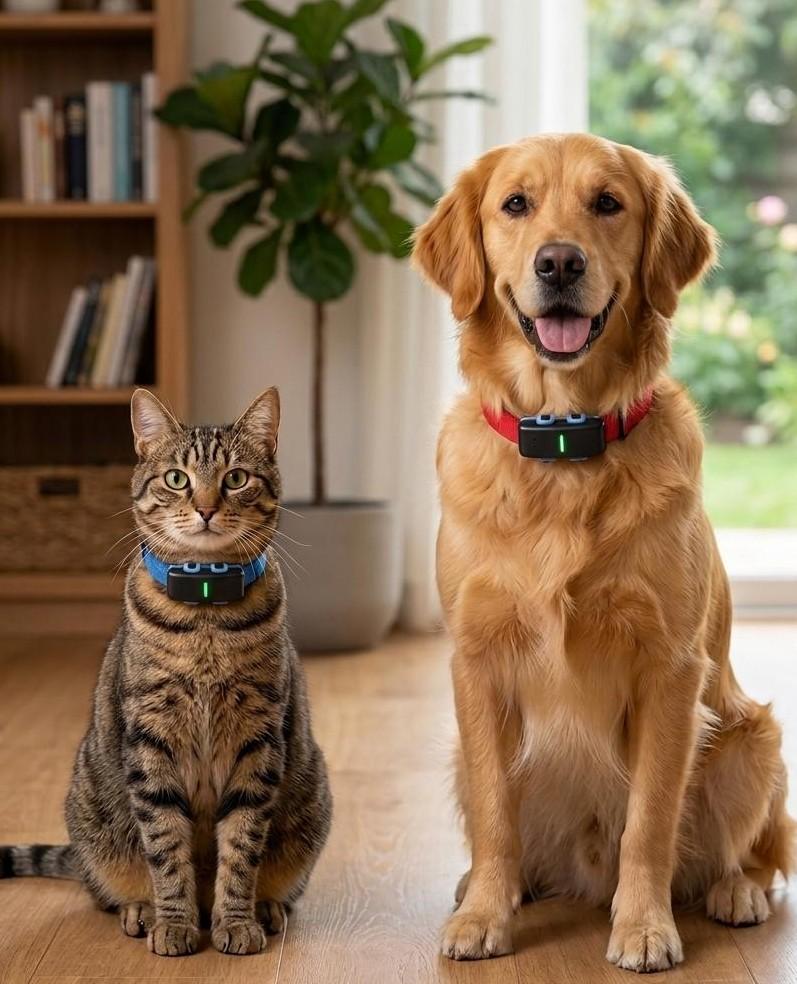 Cachorro e Gato usando coleiras Paw Pet
